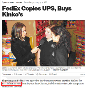 FedEx buys Kinko's for 2.4 Billion dollars
